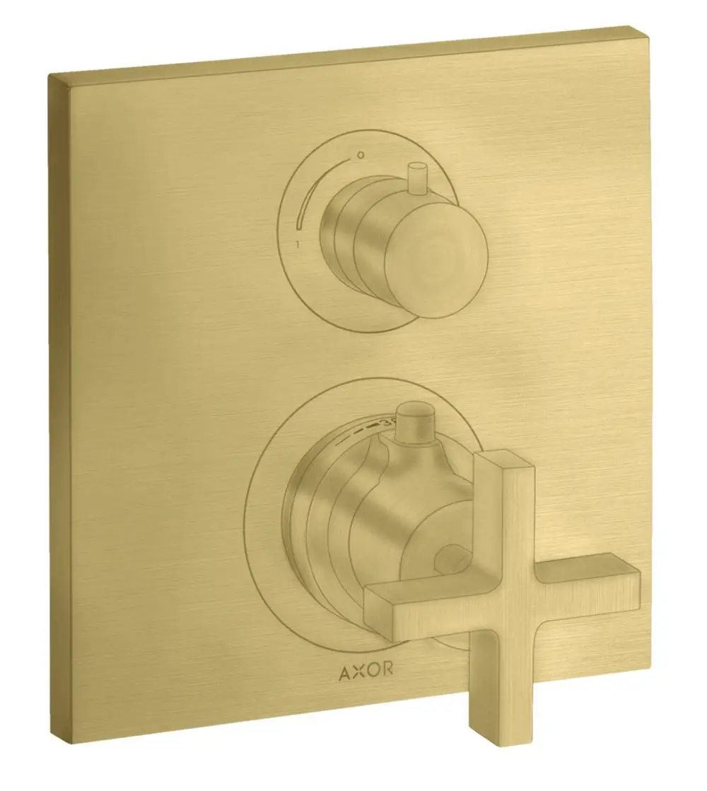 Thermostatunterputz mit Ab- und Umstellventil im Brushed Brass-Finish von AXOR, ausgestattet mit zwei Bedienknöpfen und einem Kreuzgriff.
